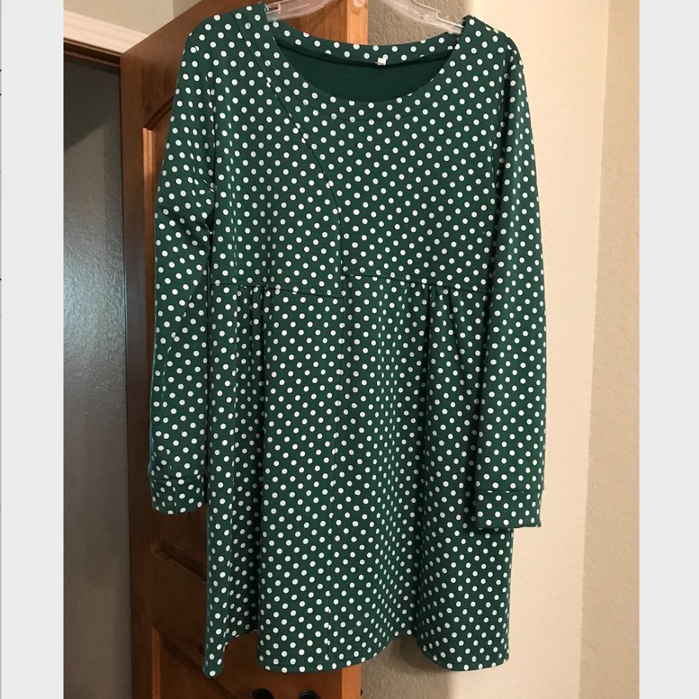 Green Polkadot Asymmetrical Babydoll Dress — L